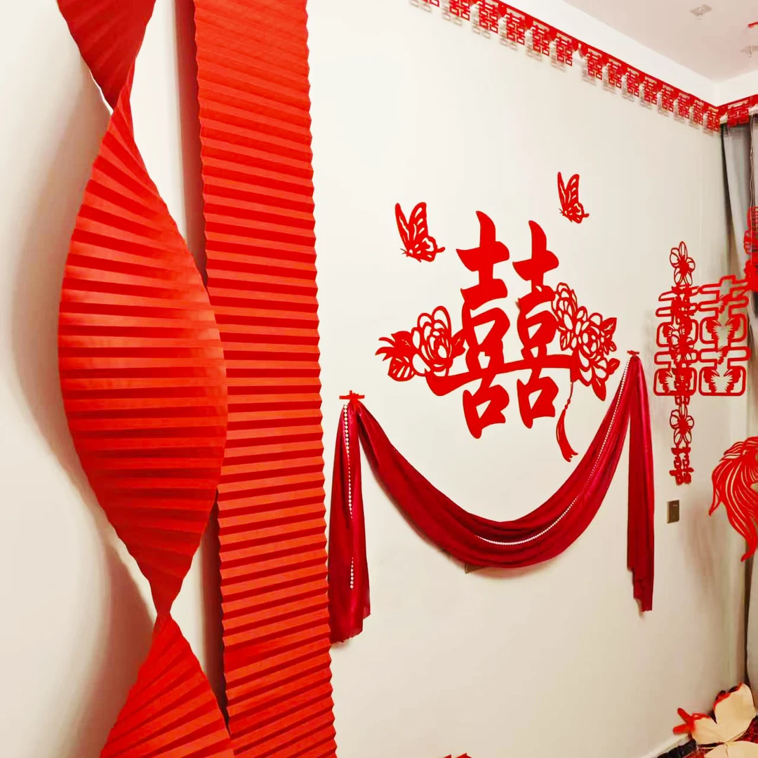结婚床尾喜字折纸沙曼珍珠套装婚房床尾装扮大型套装喜字贴装饰