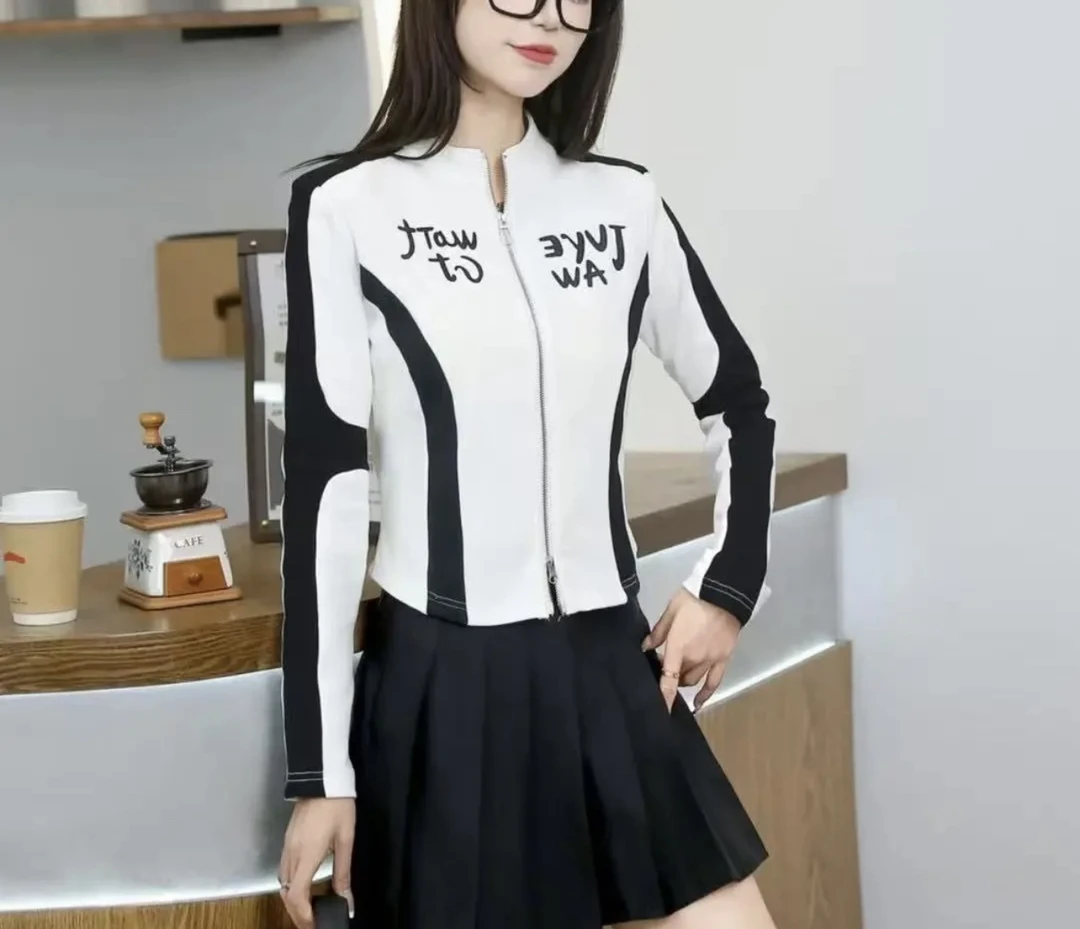 【飞燕】8508#复古撞色拉链开衫打底拼色印花机车字母运动风黑上衣