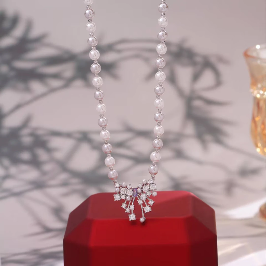 铜合金项链 《货号9258》璀璨星云项链蝴蝶结流苏珠颈链（链长40+5）