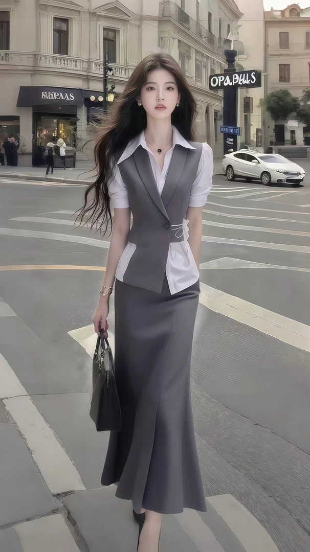 灰色性感辣妹气质上衣修身半身裙时尚小众设计感显瘦收腰套装新款