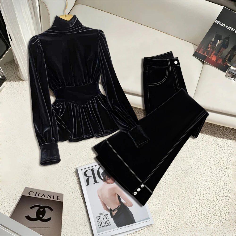 冬季穿搭一整套高级感黑色衬衫女装新款高腰百搭休闲直筒裤两件套