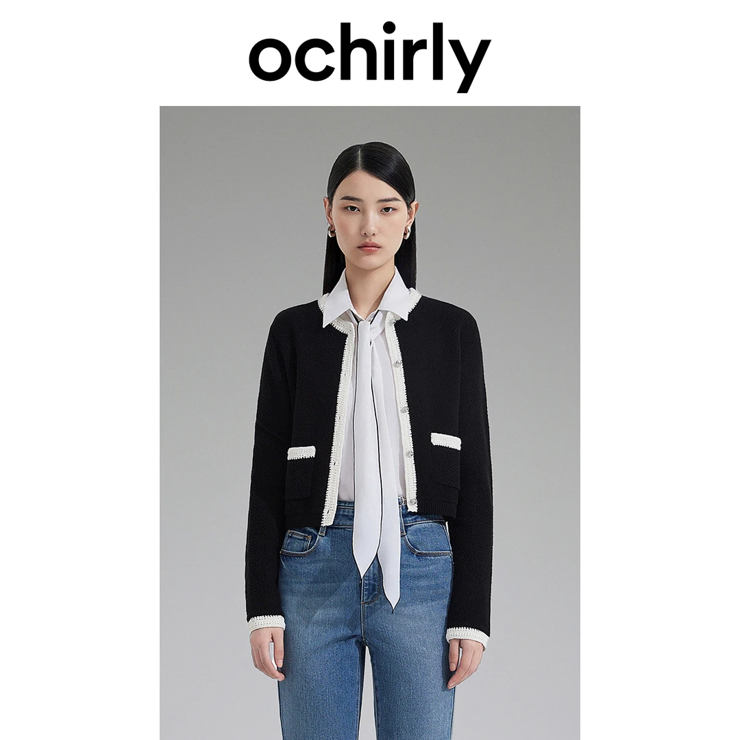 OCHIRLY 欧时力 小香风外套女镂空撞色短开衫气质时尚