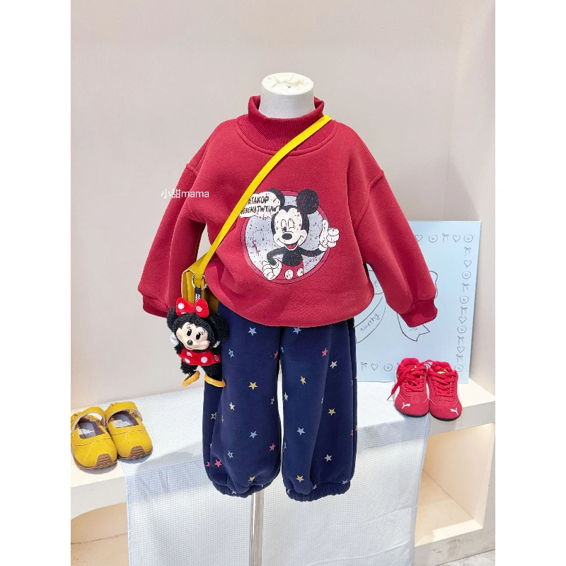 现货女童冬装卡通加绒加厚卫衣星星卫裤套装女宝洋气半高领上衣