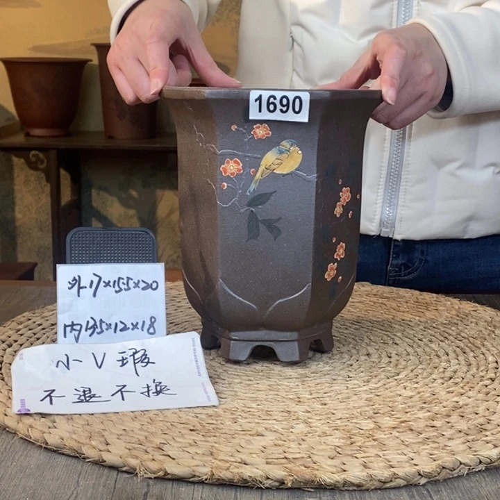 花盆紫砂  微瑕紫泥高温彩绘一路繁花六方1690