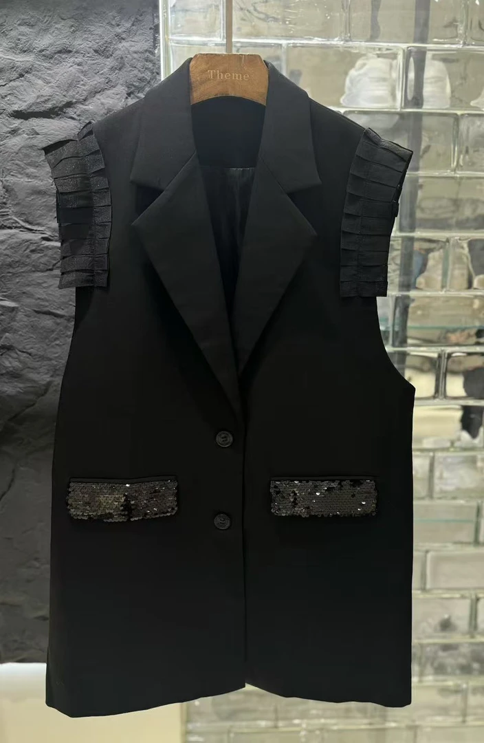 24021-2159 黑色蕾丝袖口无袖马甲