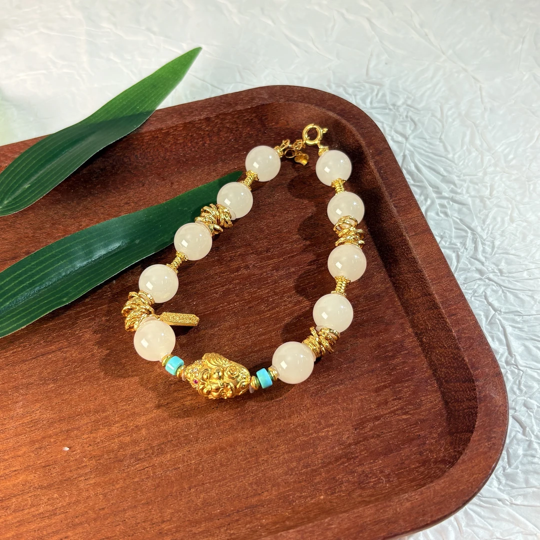 【七七专属】S925和田玉白玉象神圆珠手链 9mm