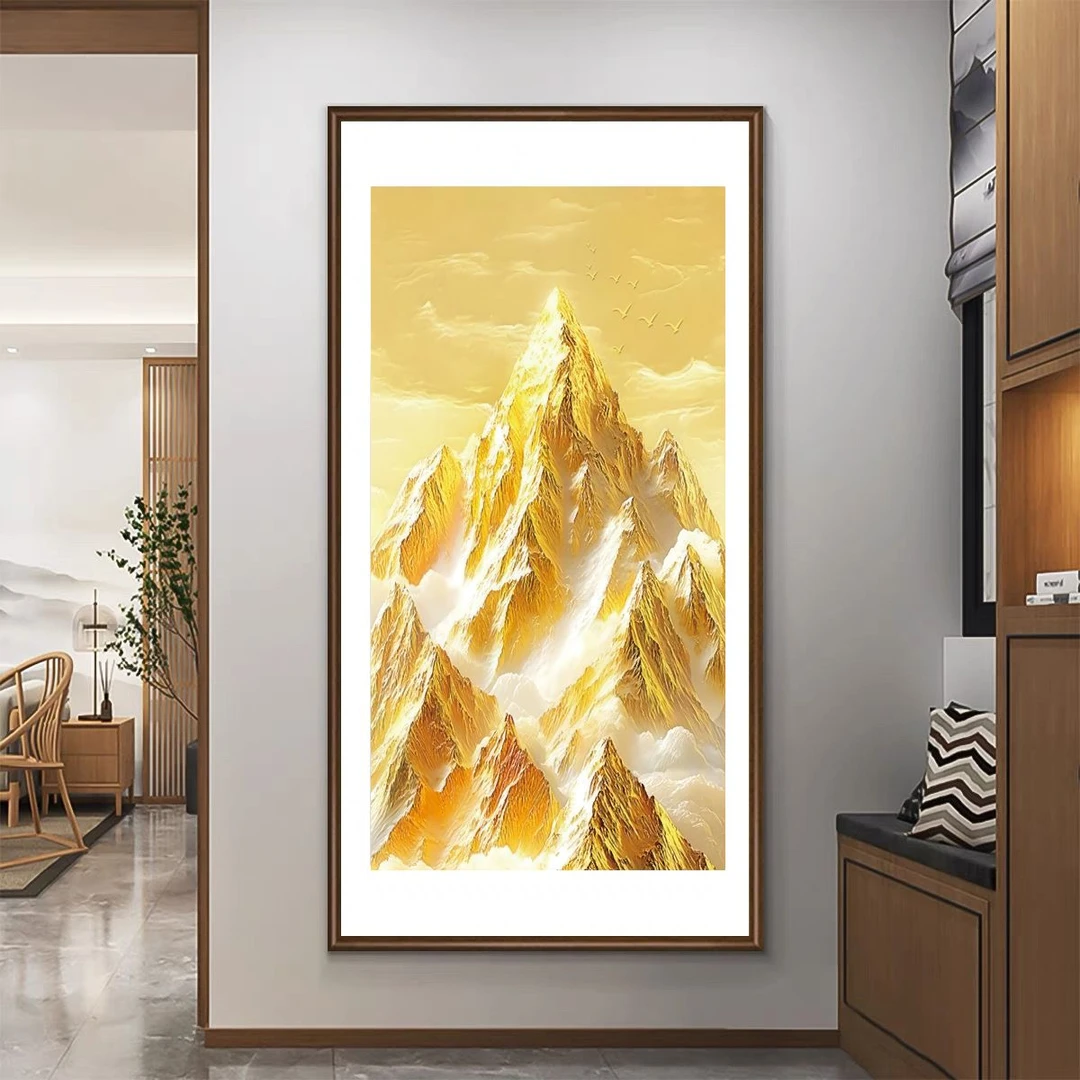 手工立体金箔描金日照金山入户玄关装饰画客厅走廊过道高级玄关画