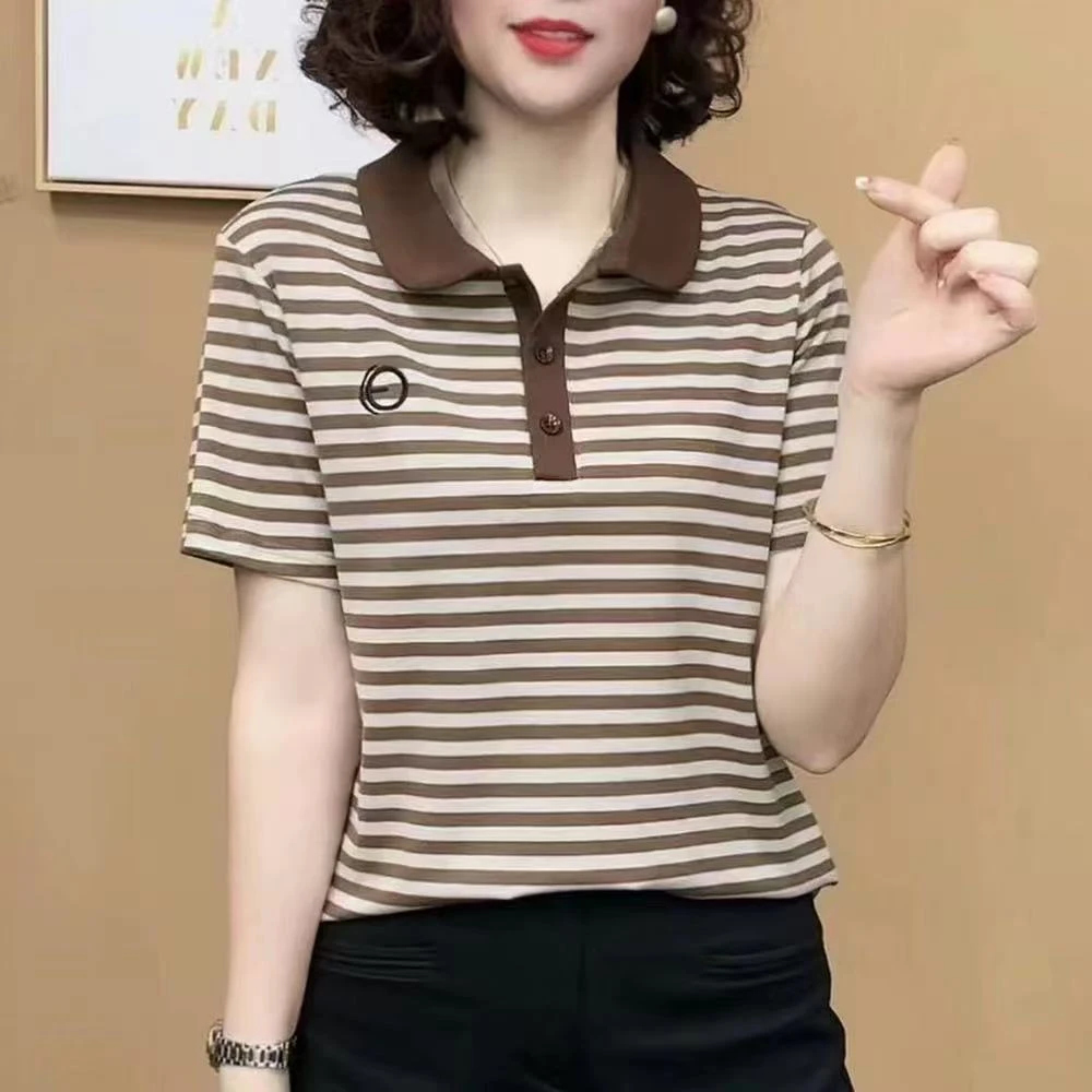 夏季新款女士时尚百搭宽松条纹翻领短袖T恤上衣