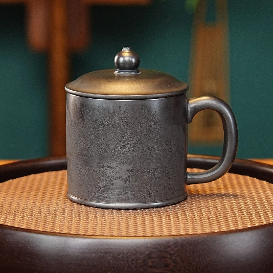 宜兴全手工紫砂茶具 原矿石黄泥料刻绘龙盖杯品茗杯