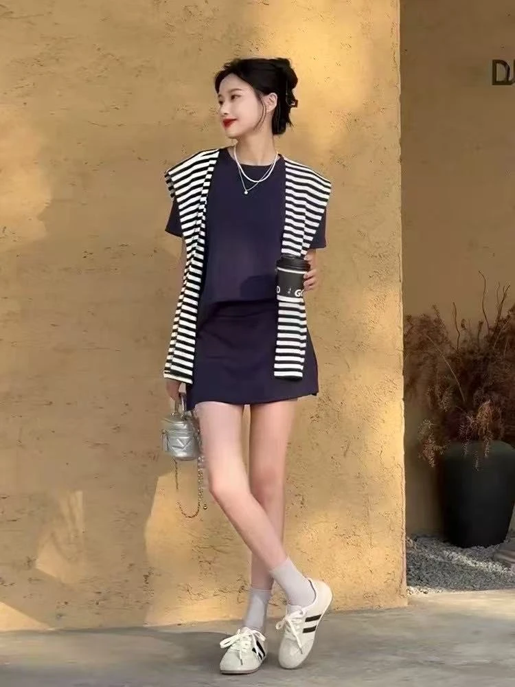 【哲妈女装】慵懒风披肩短袖上衣半身裙三件套 8162