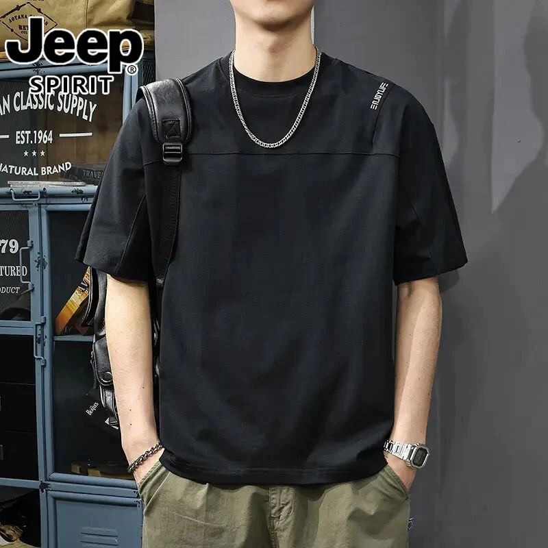 jeep吉普高端设计感拼接刺绣男士短袖t恤夏季重磅宽松凉感透气T恤