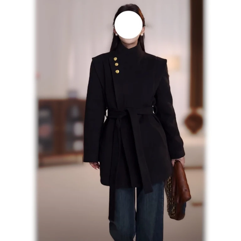 大码胖妹妹法式赫本风黑色金属扣呢子大衣女秋冬季高级感毛呢外套