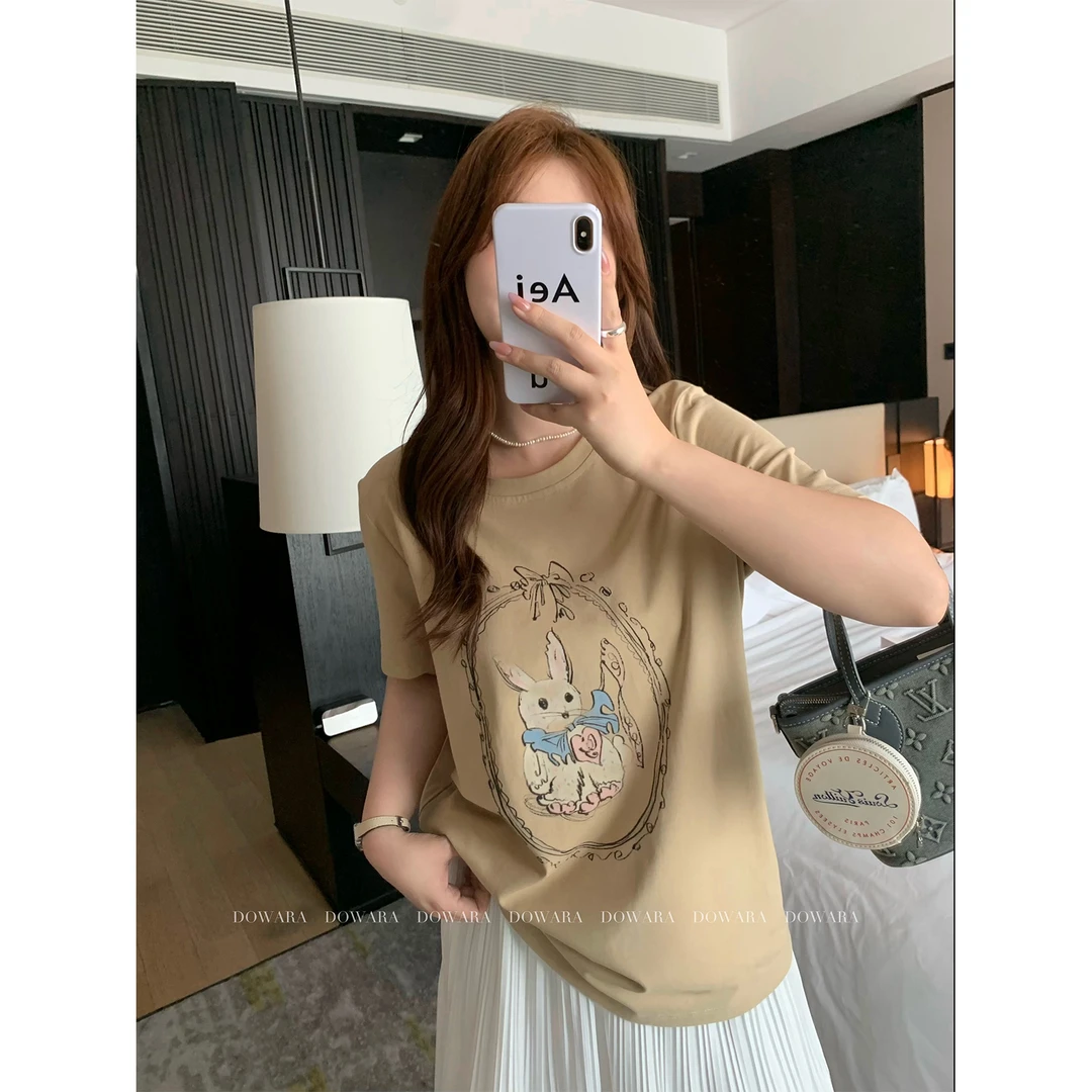 现货大婉酱微胖定制夏季卡通T恤兔子印花短袖减龄百搭上衣女6883D