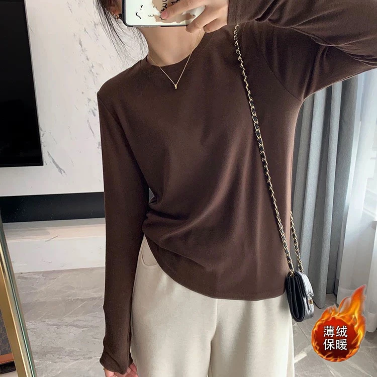 美式t恤女长袖秋冬季薄绒保暖打底衫修身显身材显瘦上衣圆领体恤