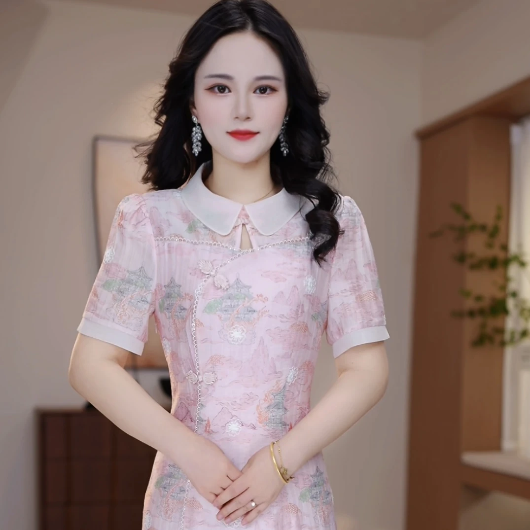 【XY-122】夏季粉色短袖连衣裙优雅气质时尚减龄收腰显瘦
