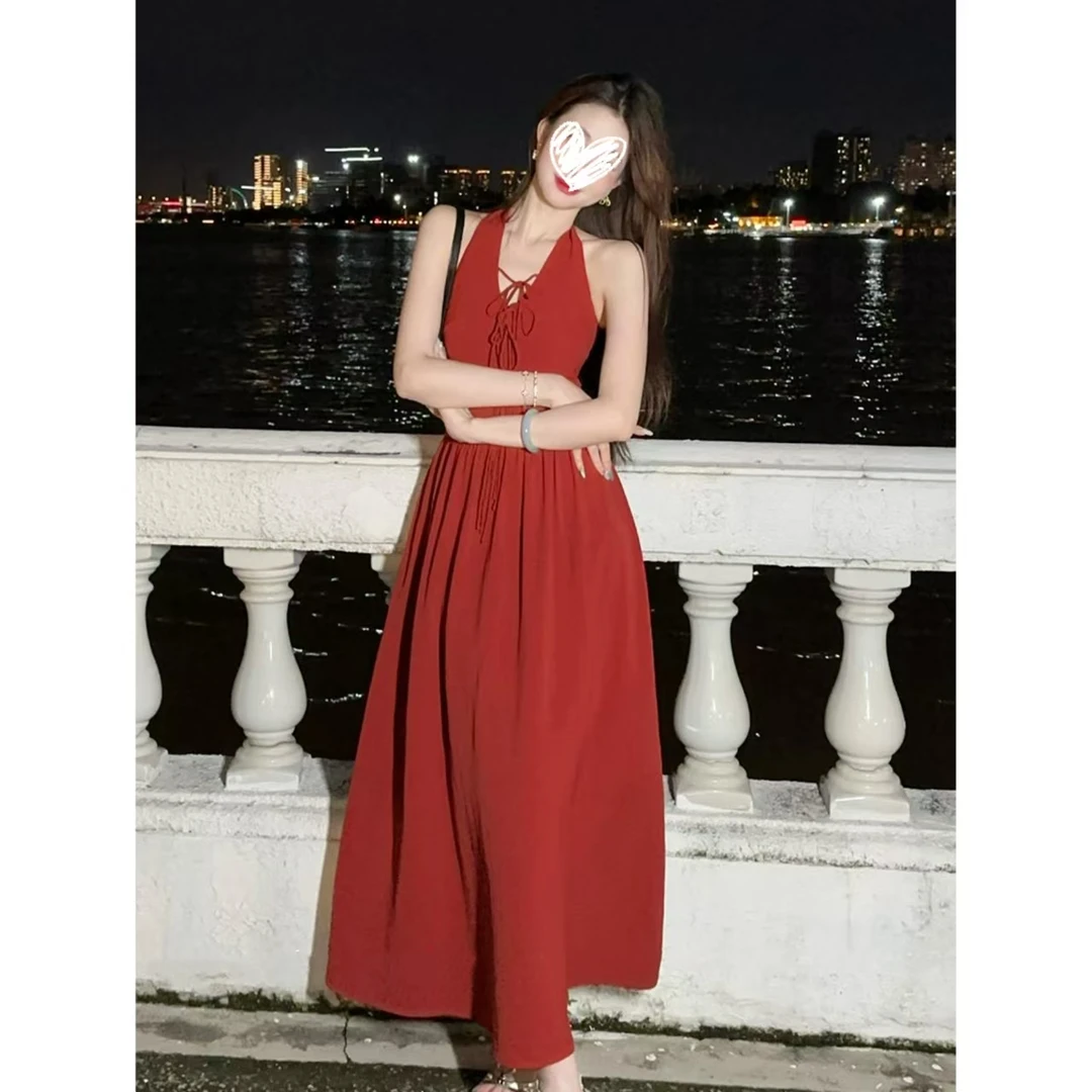 夜色迷离~复古气质连衣裙遮肉显瘦吊带裙显瘦长裙酒红色~开衫