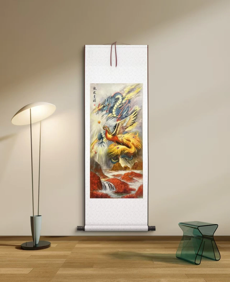 《龙凤呈祥》新中式现代装饰画玄关书房客厅挂画四尺竖幅72x170