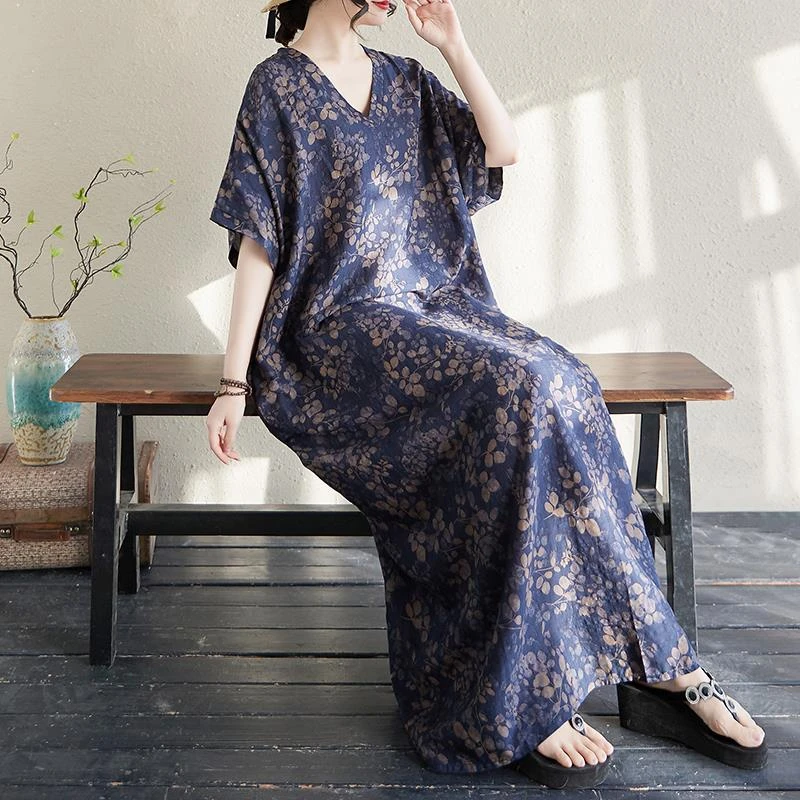 折扣捡漏夏季新款棉麻印花V领宽松大码简约度假风长裙女沙滩裙薄