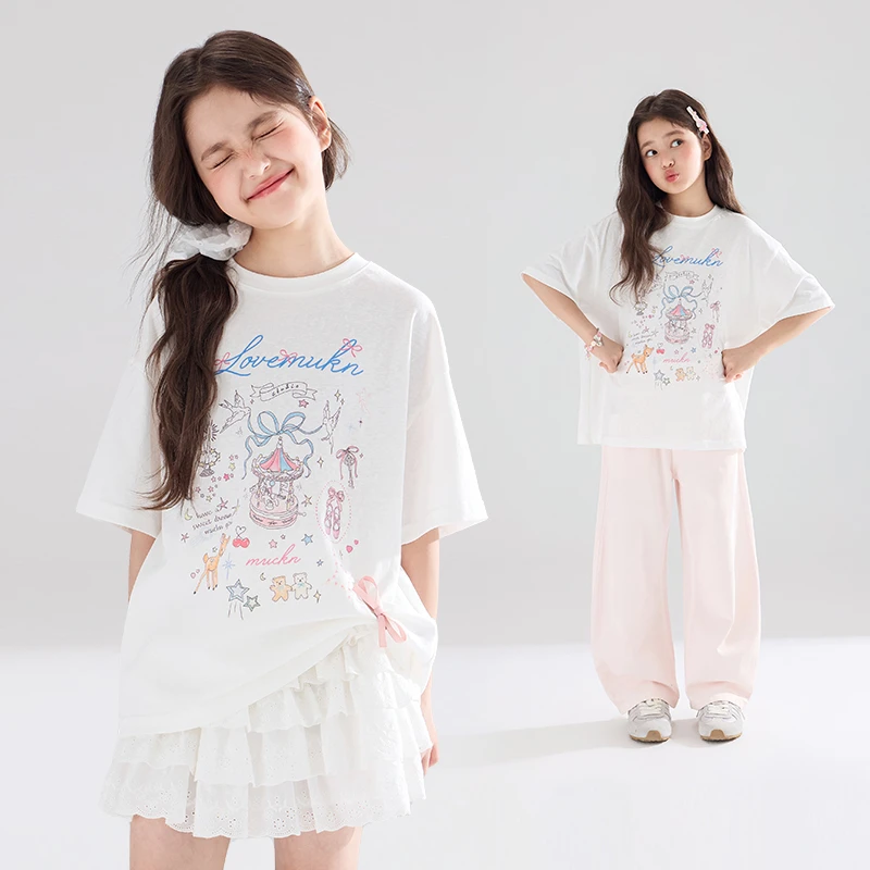 MUCMUKN木可童装柔软宽松手绘印花短袖T恤夏日女童夏新M52XT5125