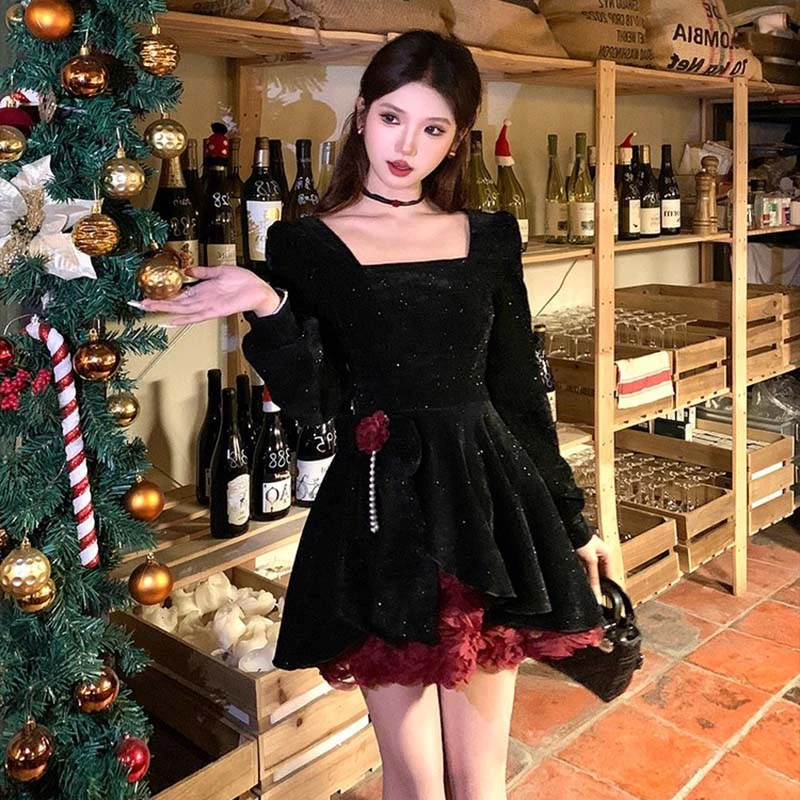 【有里布】玫瑰丝绒战袍细闪裙连衣裙秋冬显瘦长袖裙子LJ0134