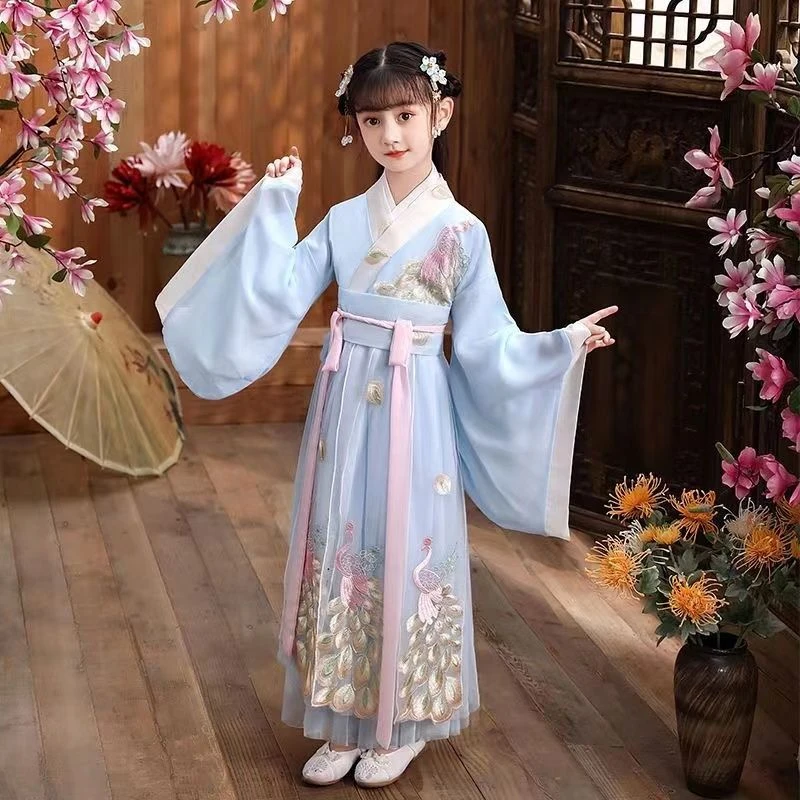 1224孔雀刺绣图案女童汉服裙