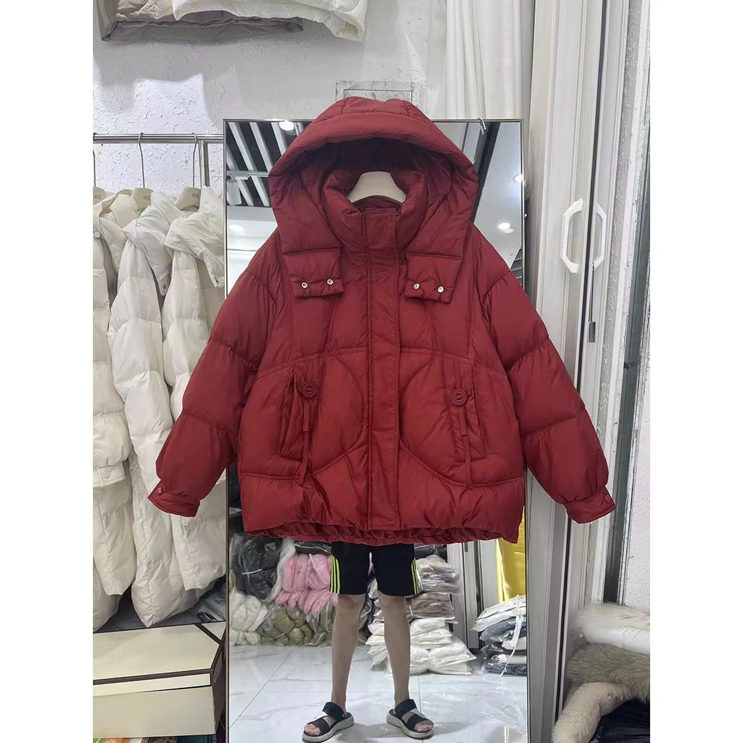 A03#2025秋冬圆扣飘带鹅绒服女短款连帽小个加厚宽松保暖外套