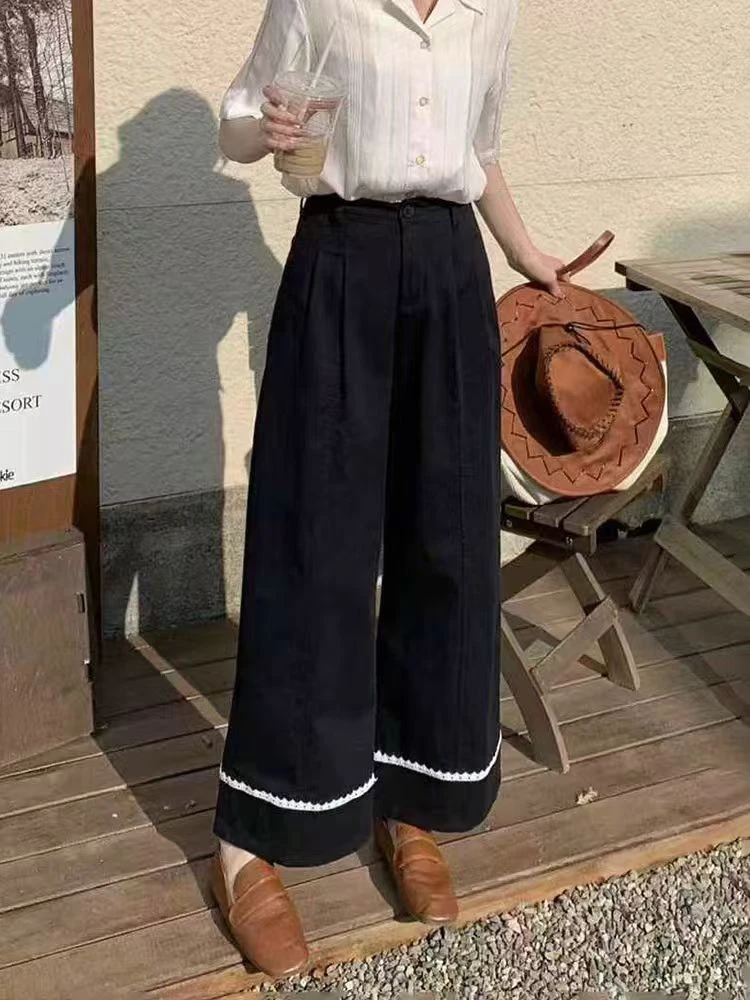 8927春夏新款蕾丝撞色小个子休闲牛仔阔腿裤女九分直筒裤子（约90）