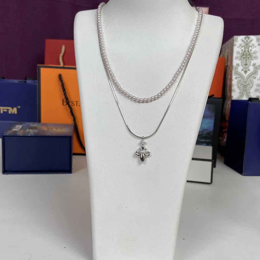 铜合金项链 《货号9042》双层叠戴十字花珠珠项链（链长40+5）