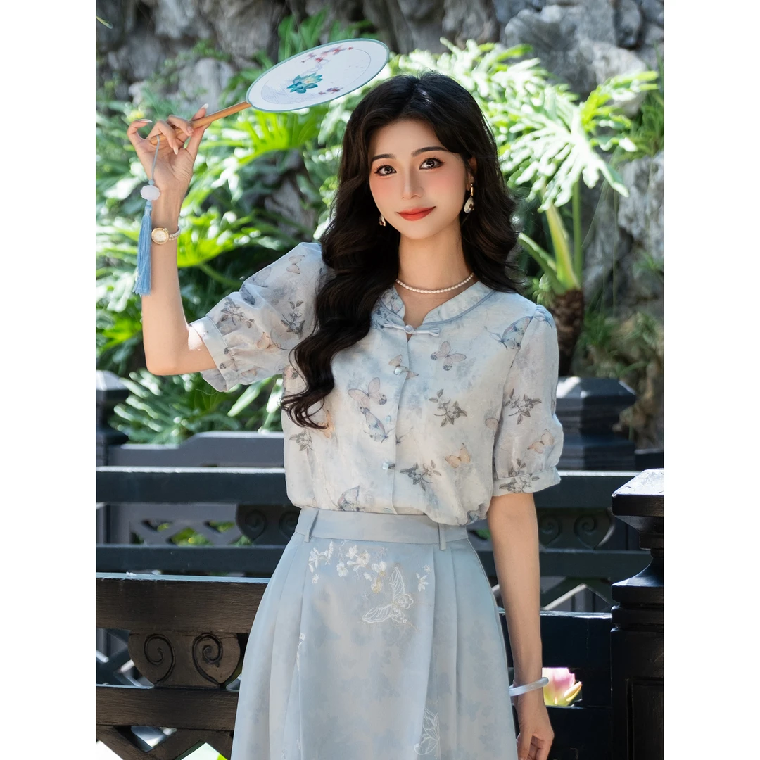 LIJIUJIU【蓝田蝶梦】夏气质短袖新中式复古显瘦印花衬衫YY2506042