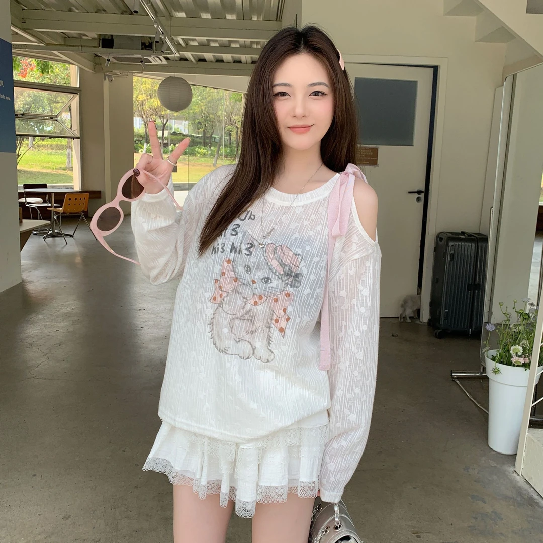 露肩小猫印花设计感长袖T恤女春夏季新款宽松防晒慵懒风薄款上衣