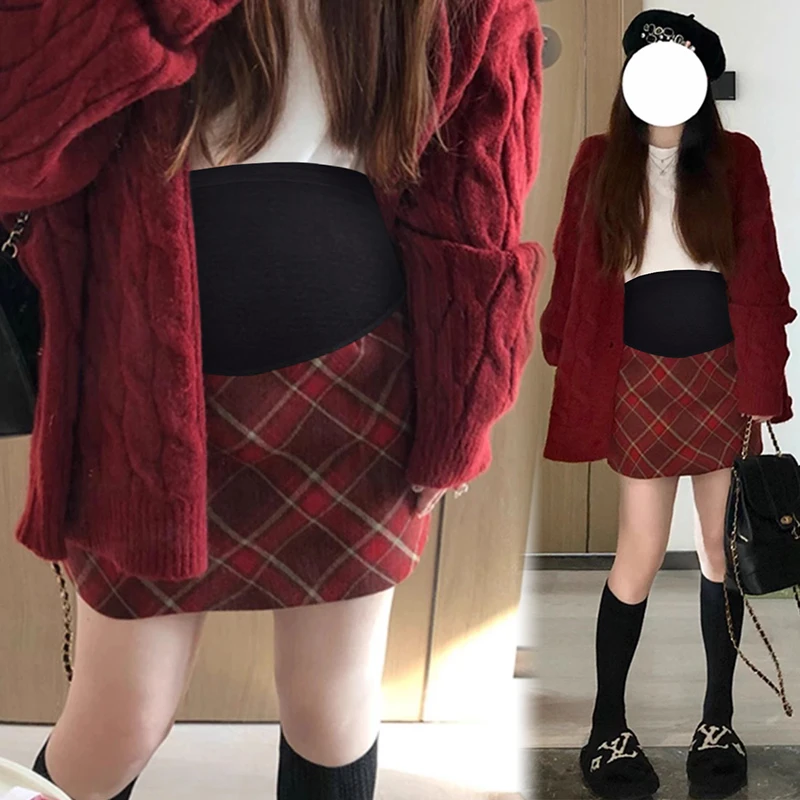 孕妇装秋冬厚实格纹A字裙孕妇毛呢格子百搭半身托腹短裙百搭高腰