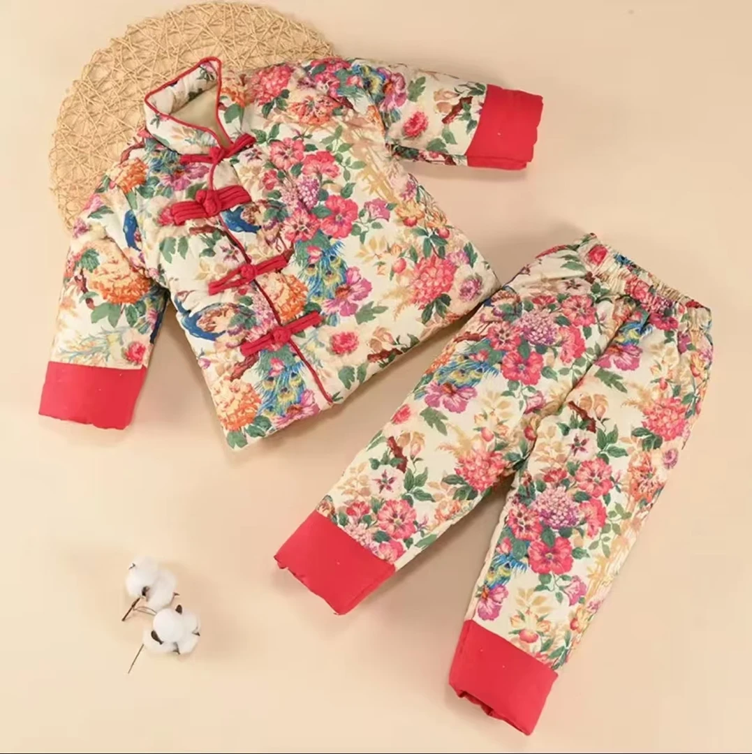 最新儿童手工棉花分体套装女童婴儿宝宝加厚中国风女宝冬季拜年服