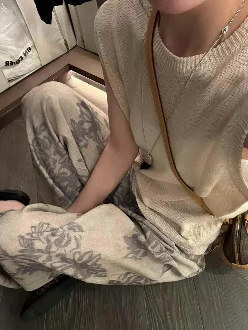 亚麻天丝水墨画印染复古2025夏季阔腿裤女国风松紧腰气质直筒长裤