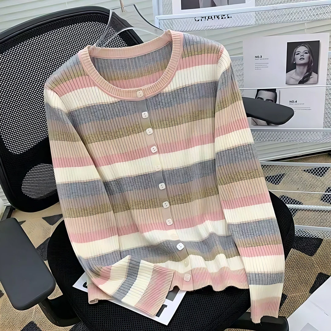 美拉德风毛针织衫套头款长袖彩虹修身时尚条纹显瘦上衣毛衣打底