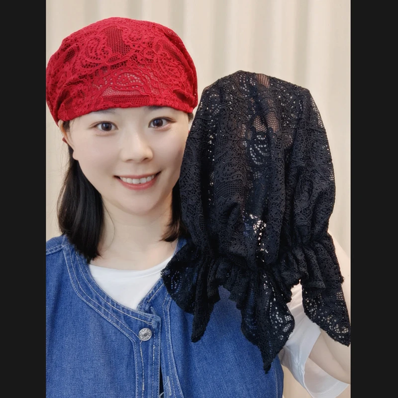 软蕾丝包头帽女时尚春夏透气镂空帽子飘带帽洋气妈妈帽