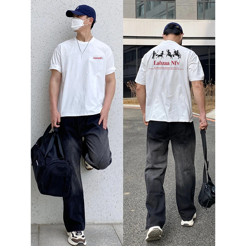 欧美式复古人物印花短袖t恤男春夏季宽松休闲纯棉重磅圆领上衣女