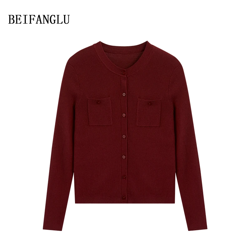 北方鹿 E*柜单精纺羊毛#2025早春新品圆领坑条单排扣针织衫女6350