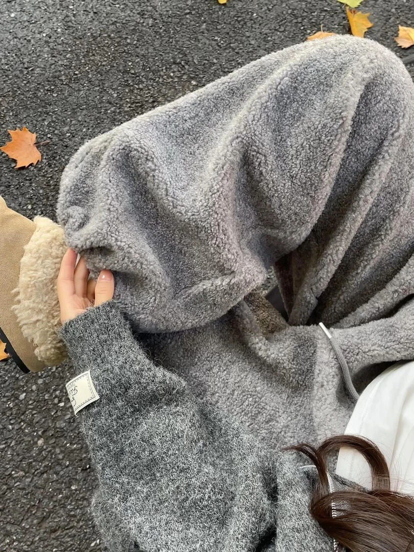 韩版设计感灰色阔腿裤保暖休闲裤女秋冬新款时尚百搭加绒高腰长裤