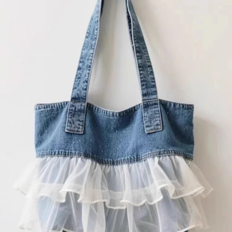 【万达专柜】高端高级感肩包通勤包2025新款时尚百搭薄纱花边牛仔包