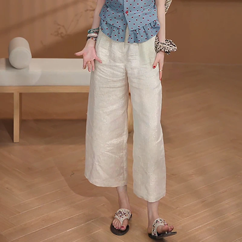 2025年夏装法式百搭松紧腰长裤子女时尚百搭阔腿裤女高级感休闲裤