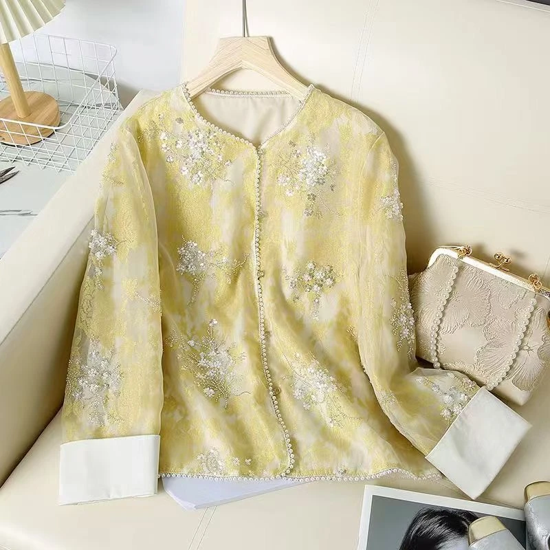 中式新款重工刺绣钉珠上衣轻纱外套