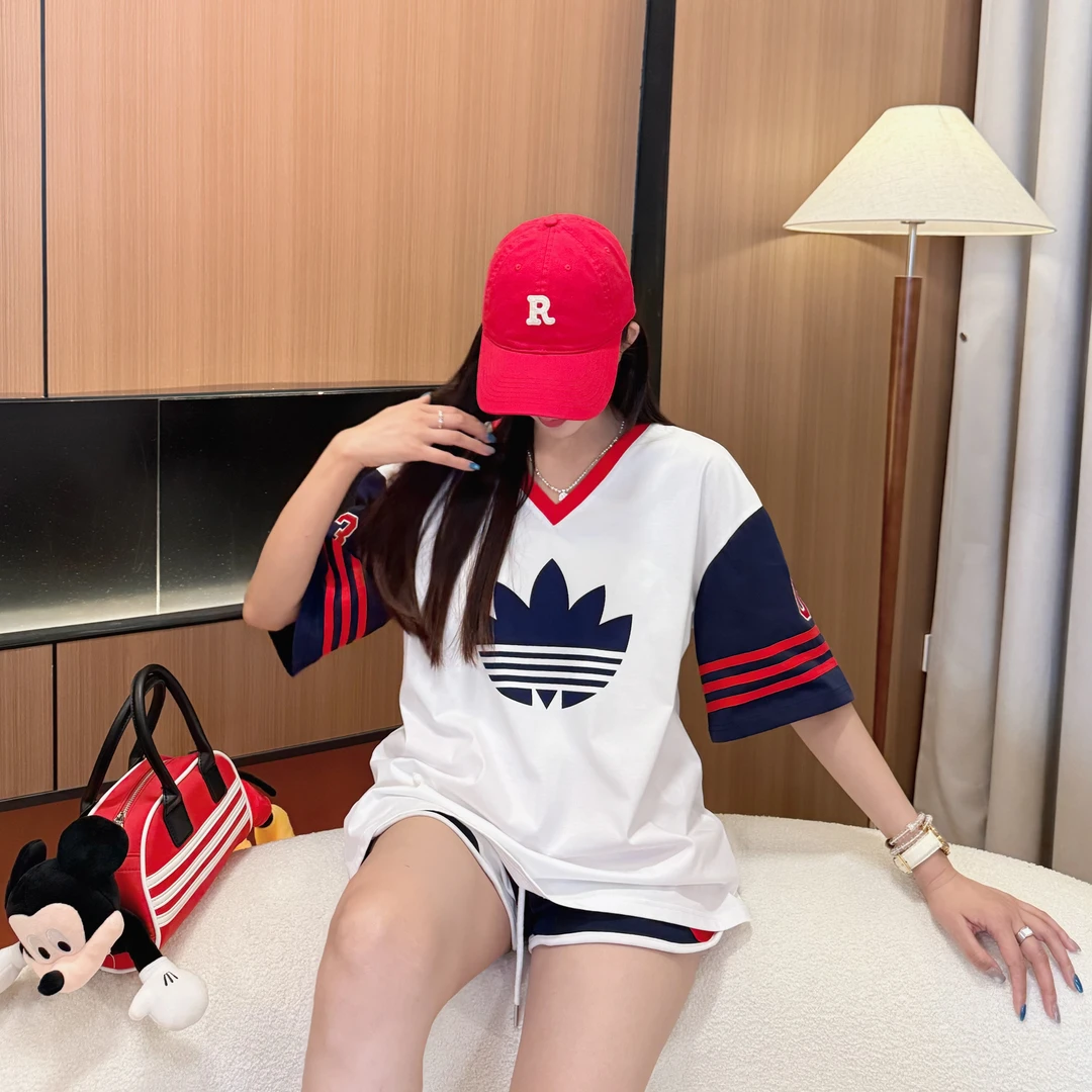 【气质蓝调】夏季新款时尚潮流落肩条纹印花情侣V领撞色短袖09