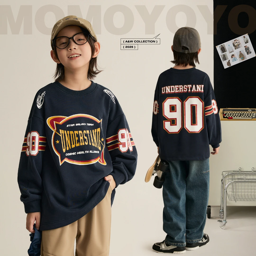 辰辰妈【90号】男童撞色印花运动卫衣秋冬装儿童复古加绒上衣8897D