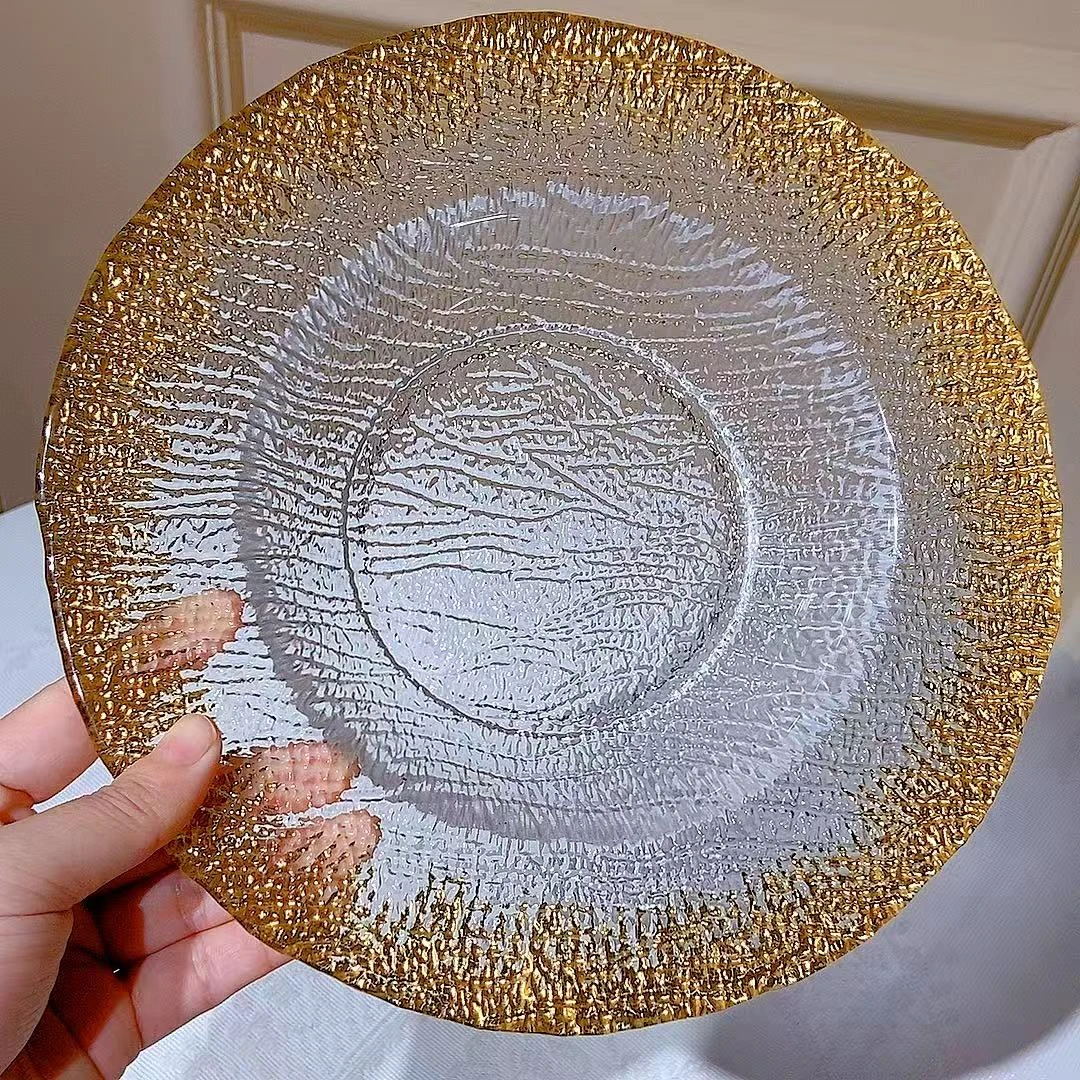 高级感水晶玻璃金色雪花草帽盘沙拉盘牛排意面盘果盘