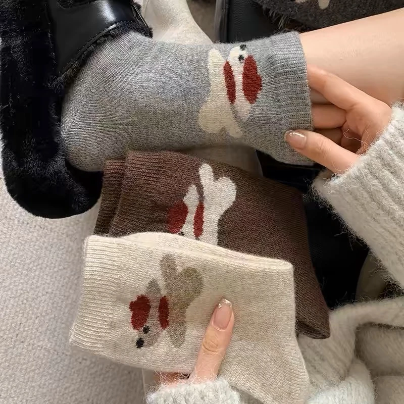 秋冬羊毛袜子女中筒袜堆堆袜卡通可爱小狗冬季保暖袜子