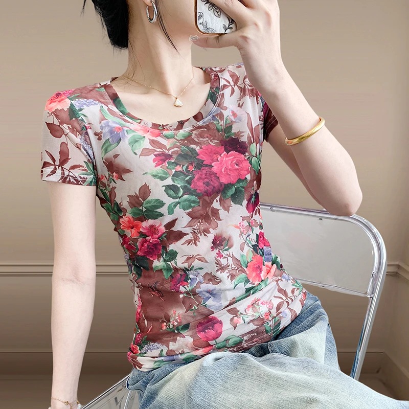 夏季优雅玫瑰印花短袖T恤女2025新款时尚圆领弹性透气半袖打底衫