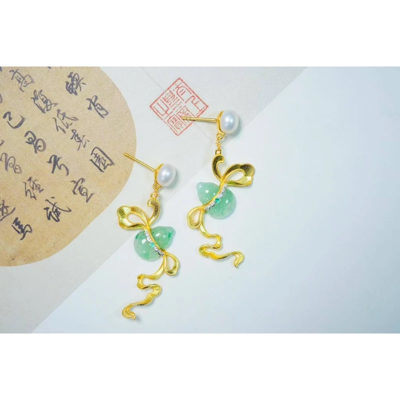 925银耳饰 衣锦媚行 925银镀金镶珍珠葫芦飘带耳环E2826
