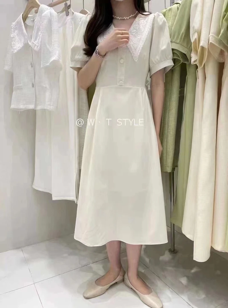 8808【不退换】雪纺v领蕾丝高腰A字连衣裙中长泡袖杏色甜美赫本风