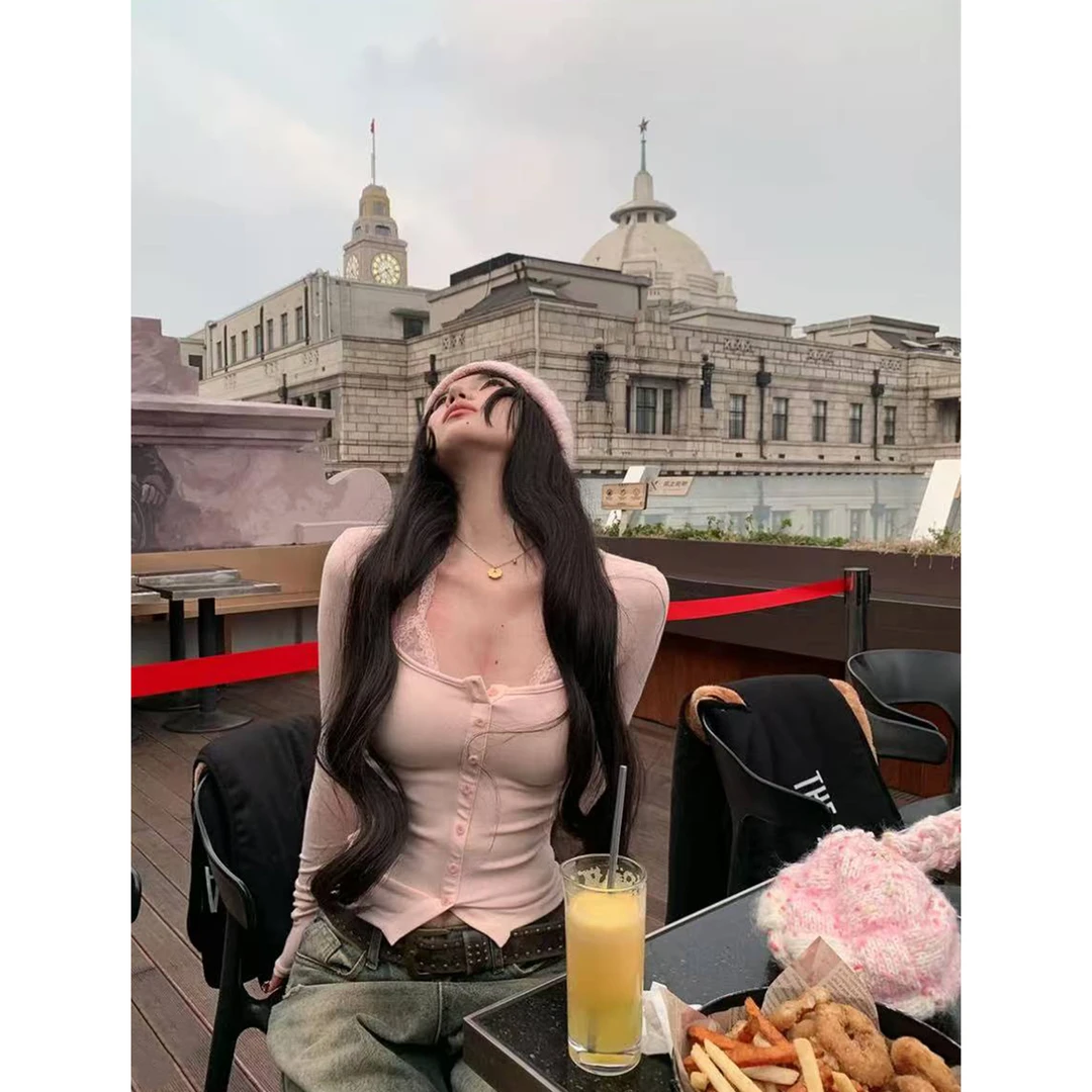 纯欲挂脖拼接粉色蕾丝打底衫性感修身短上衣C 5074#