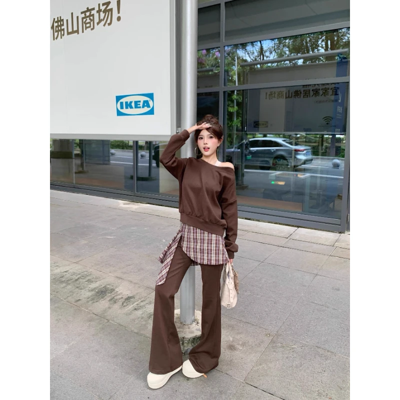气质斜肩长袖短款卫衣甜酷辣妹套装女秋季屁帘微喇裤休闲裤两件套